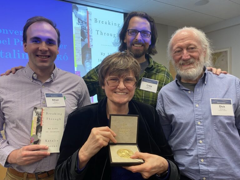 Katalin Kariko with the Moberg Analytics team