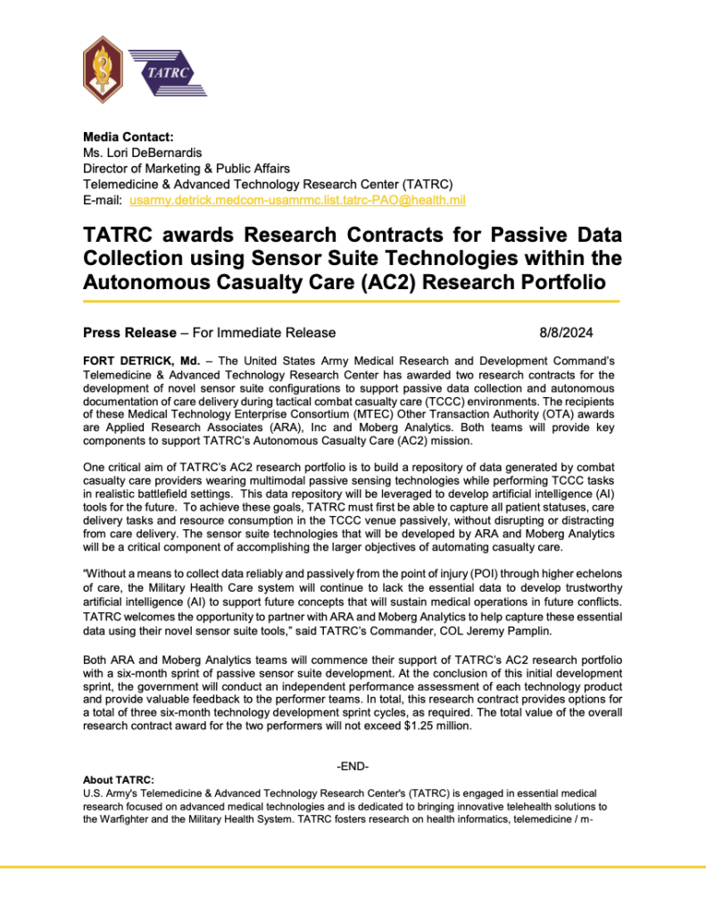 TATRC Press Release: TATRC awards Research Contracts for Passive Data Collection using Sensor Suite Technologies within the Autonomous Casualty Care (AC2) Research Portfolio