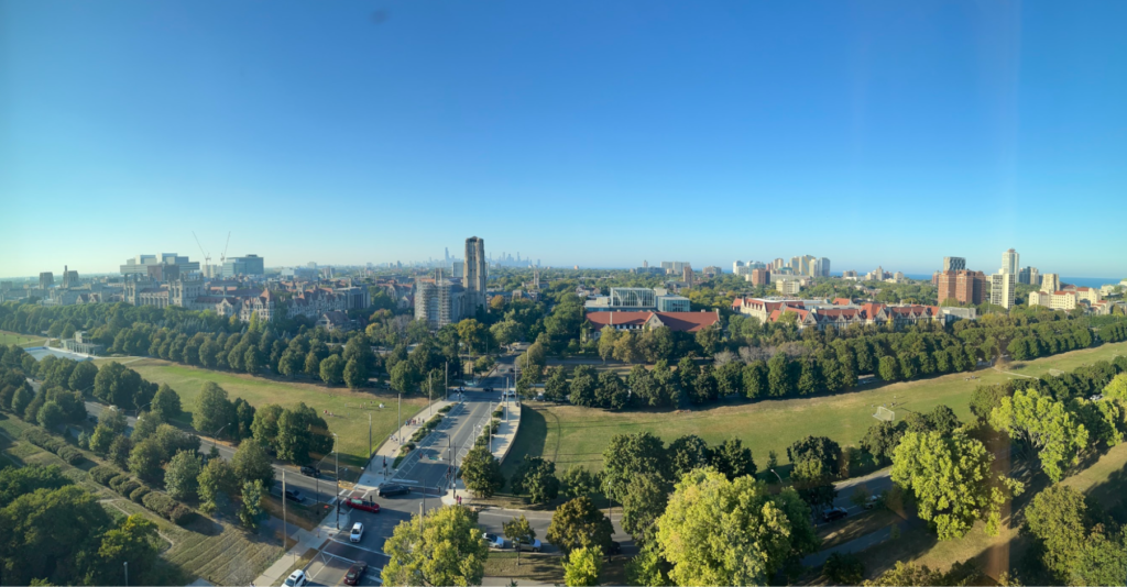 Panoramic view of University of Chicago 2024 campus from the top of the David Rubenstein Forum