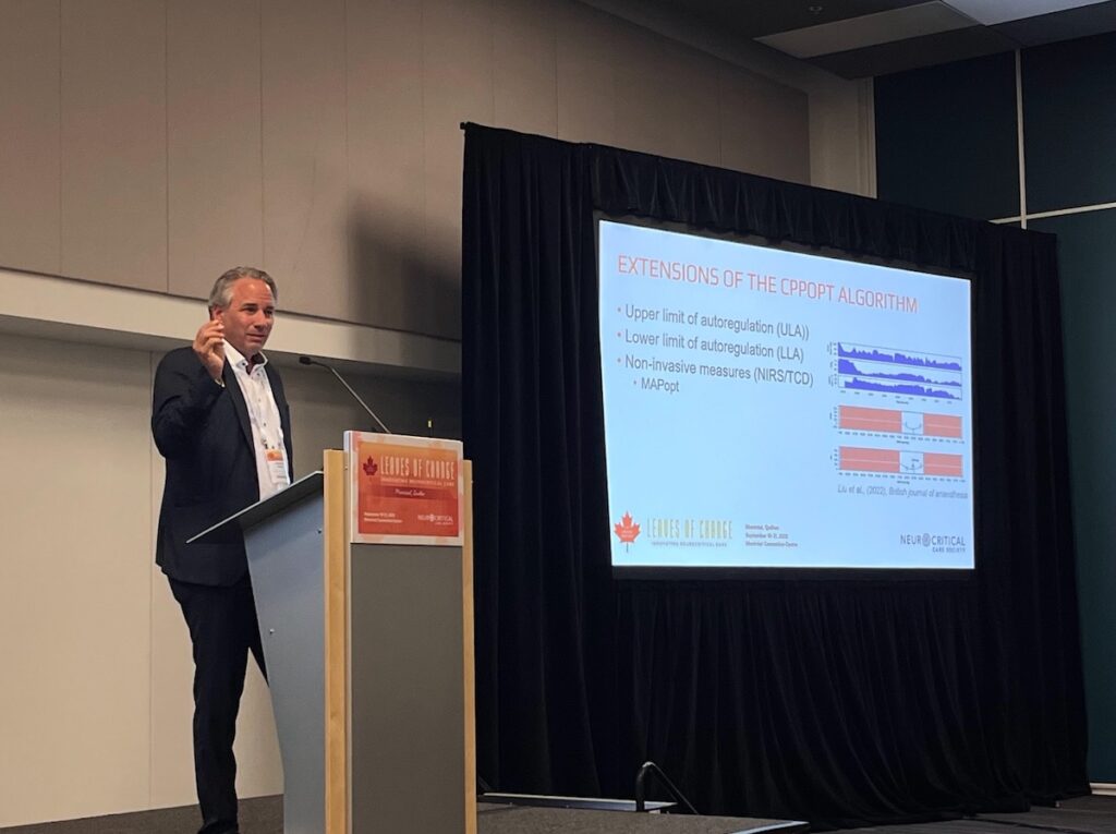Dr. Raimund Helbok (Kepler University Hospital) walks the audience through cerebral autoregulation and the optimal cerebral perfusion pressure (CPPOpt) algorithm.